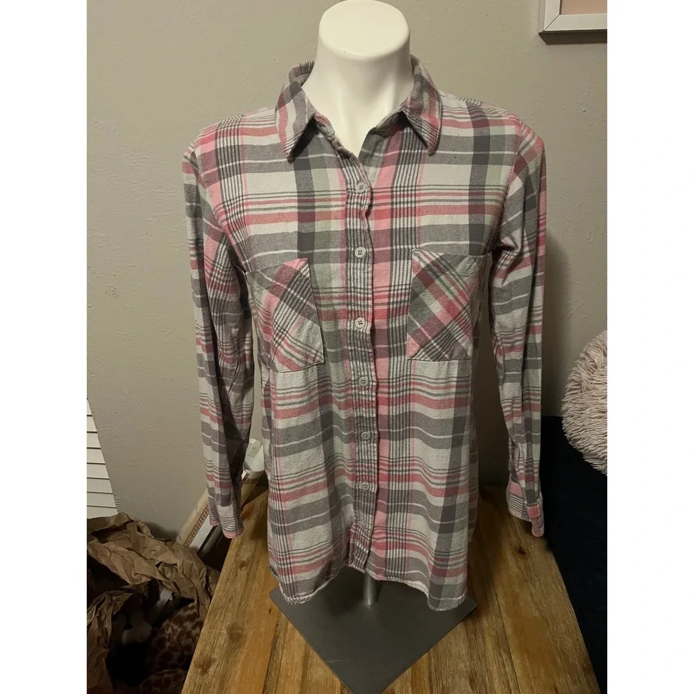 Mudd Womens Pink Grey Plaid‎ Flannel Button Down Shirt Size Medium Long Sleeve